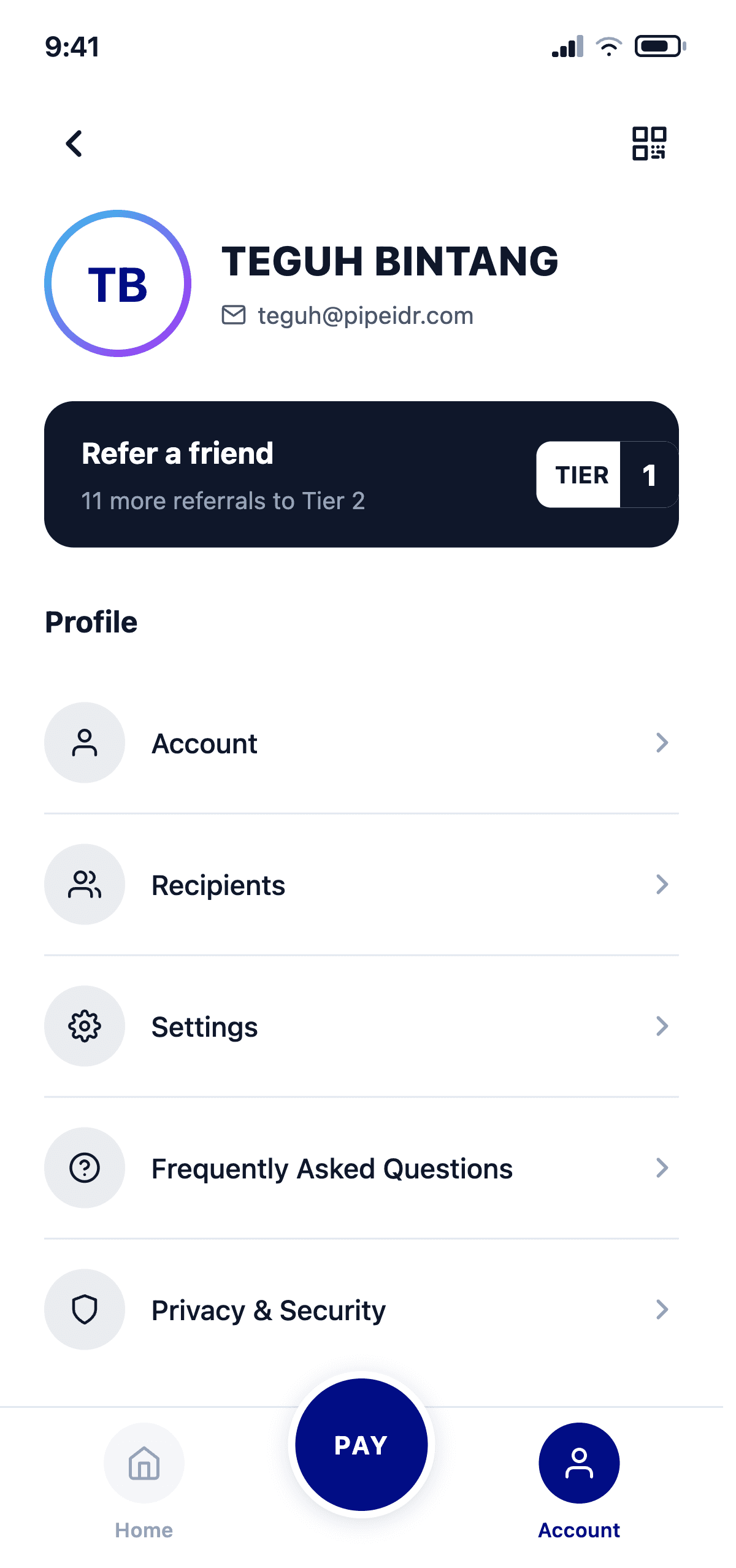 Pipe account — balances and history