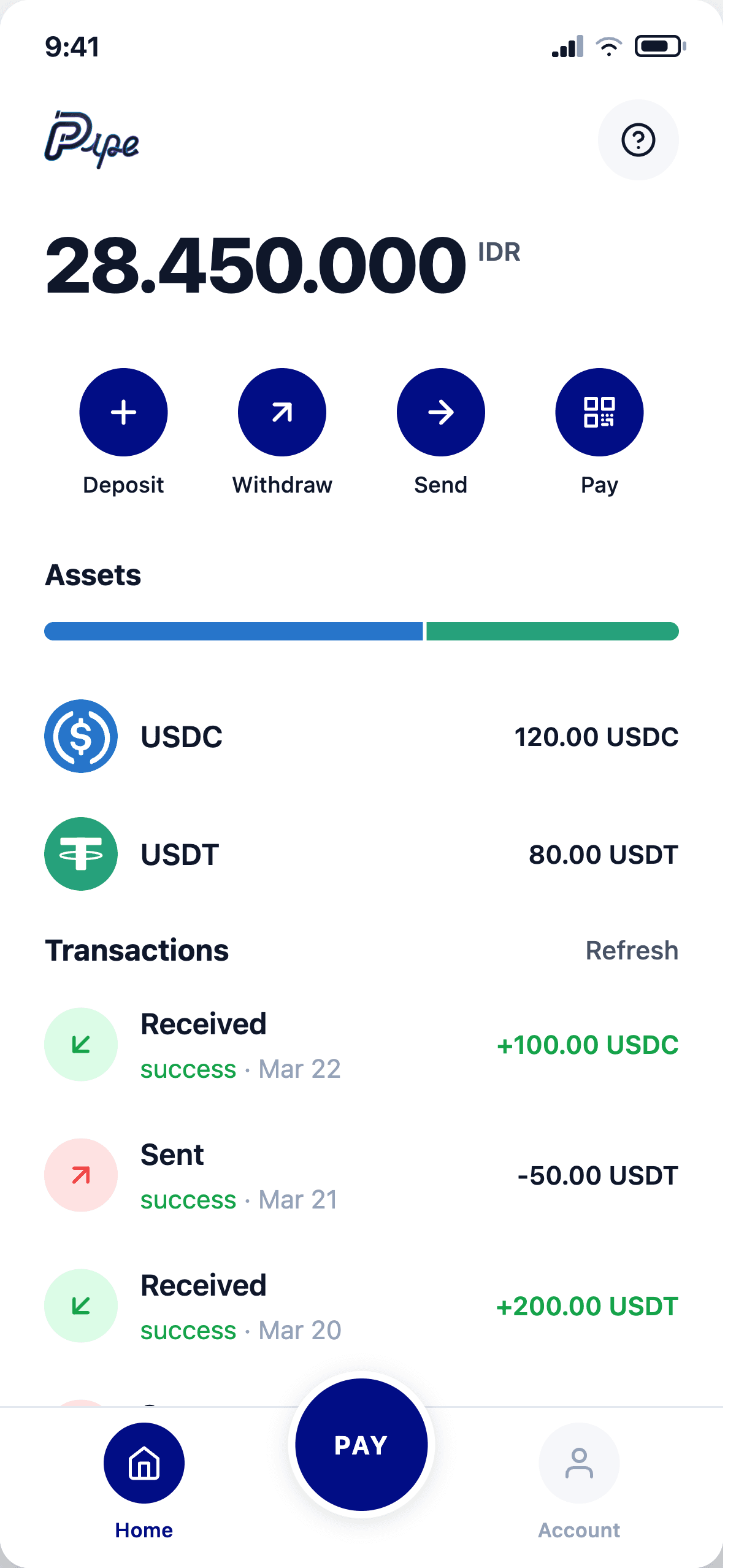 Pipe wallet — stablecoin balance, ready to pay any QRIS merchant